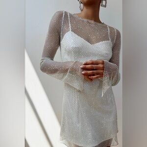 Show Me Your Mumu Iconic Mini Dress in White Glitz Size XL Long Sleeve Lined